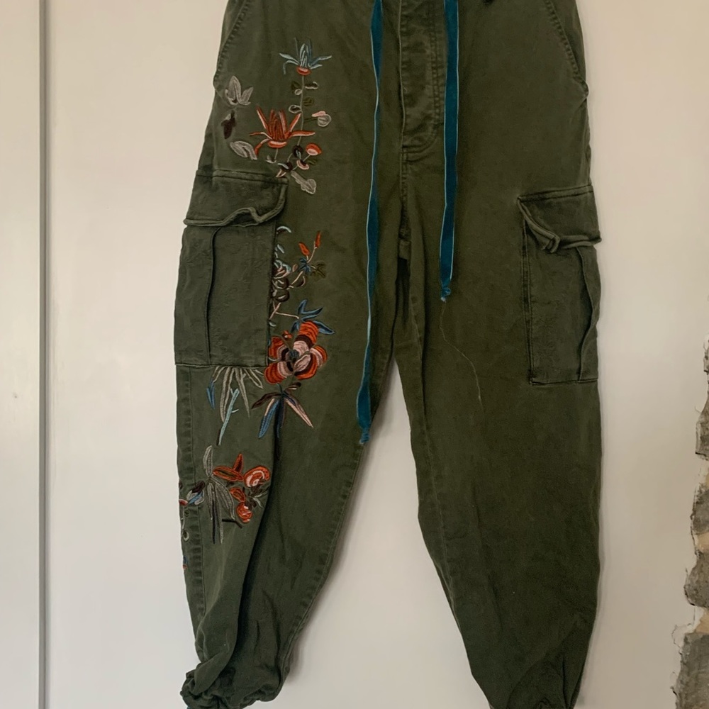Beautifully embroidered Free People cargo pants with teal velvet details!